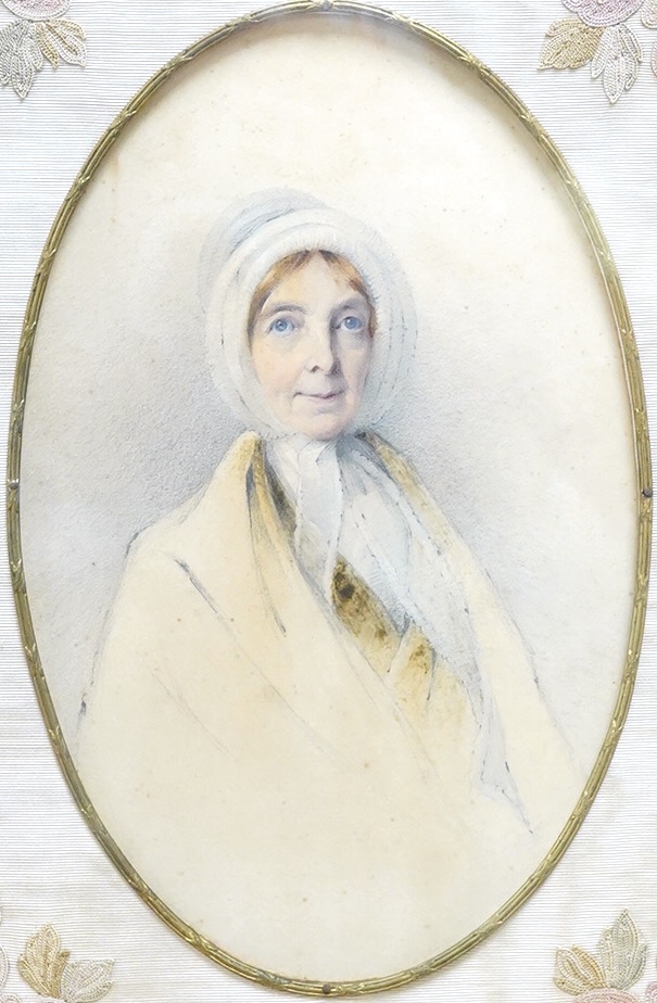 Alexander Day (1772-1841), Portrait of Marie Marshall, inscribed verso in pencil, unsigned, oval watercolour, 19 x 12cm, housed in an embroidered mount and gilt frame